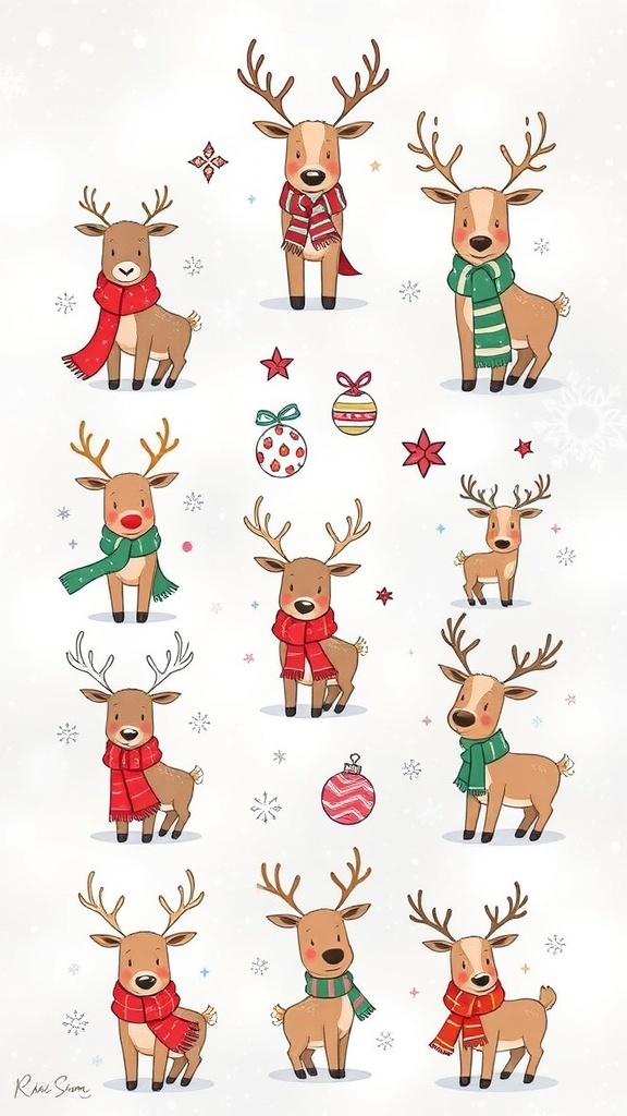 Aesthetic Christmas Reindeer Doodles Aesthetic doodles of reindeer with scarves and ornaments, set against a snowy background.